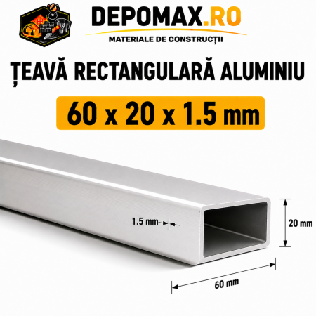 Teava rectangulara aluminiu 60 x 20 x 1.5 mm, 6 metri (EN AW-6060)